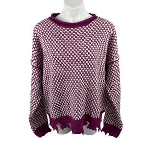 Eesome Women Large Sweater Plum White Distressed Casual NWT